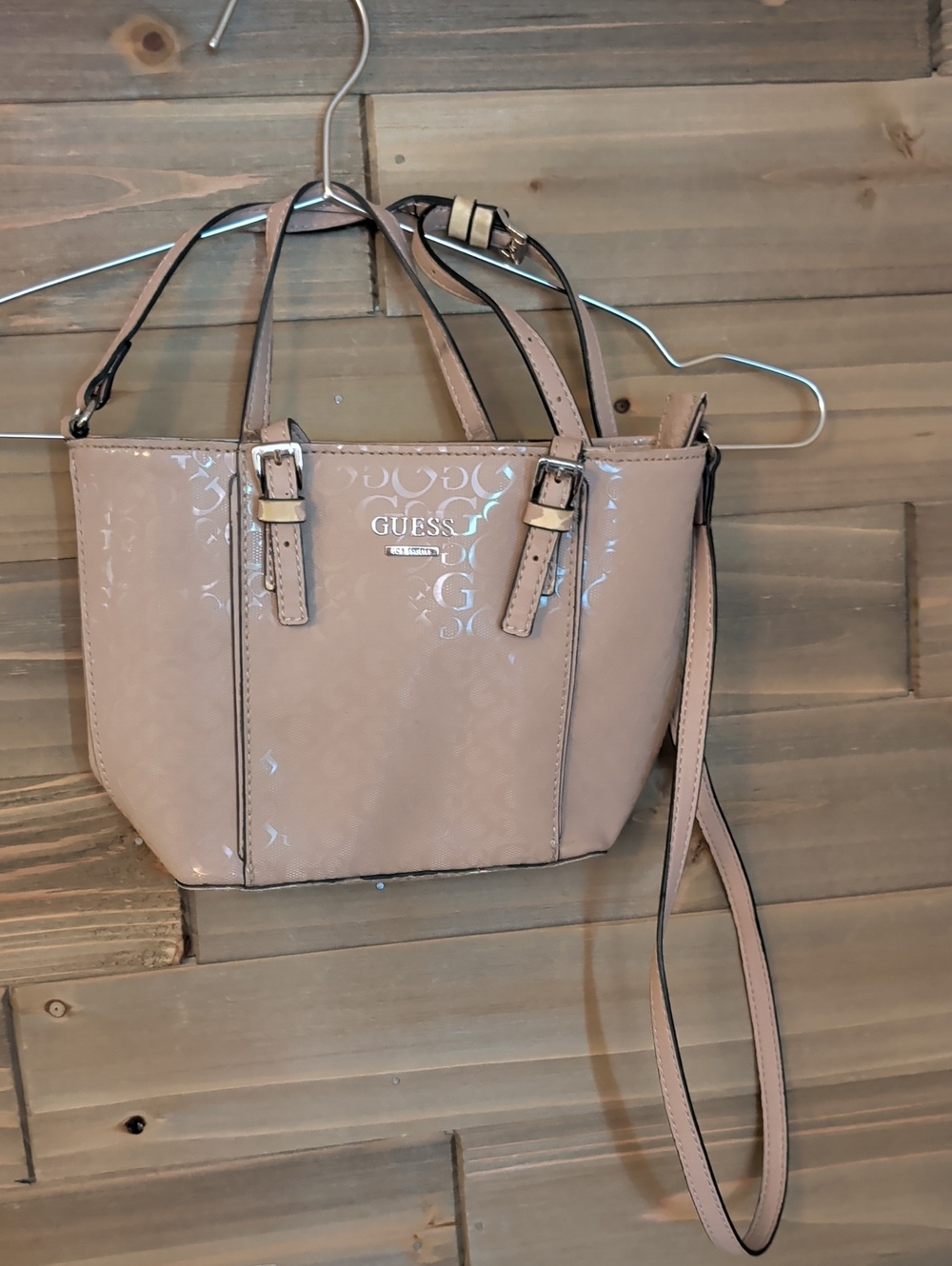GUESS Blush Patent Crossbody Tote. Zipper Close On Top